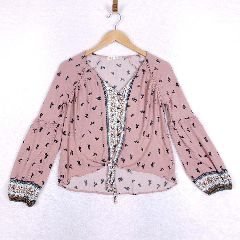 Jolt Floral Peasant Blouse L Pink Boho Tie Front Long Sleeve Cottagecore Festive